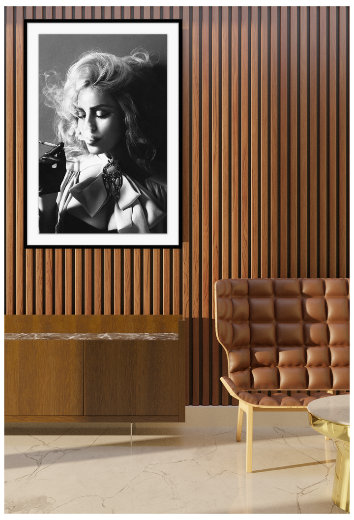 Madonna smoking The immaculate collection black and white fashion photography. Hung on a timber wall over a timber cabinet.