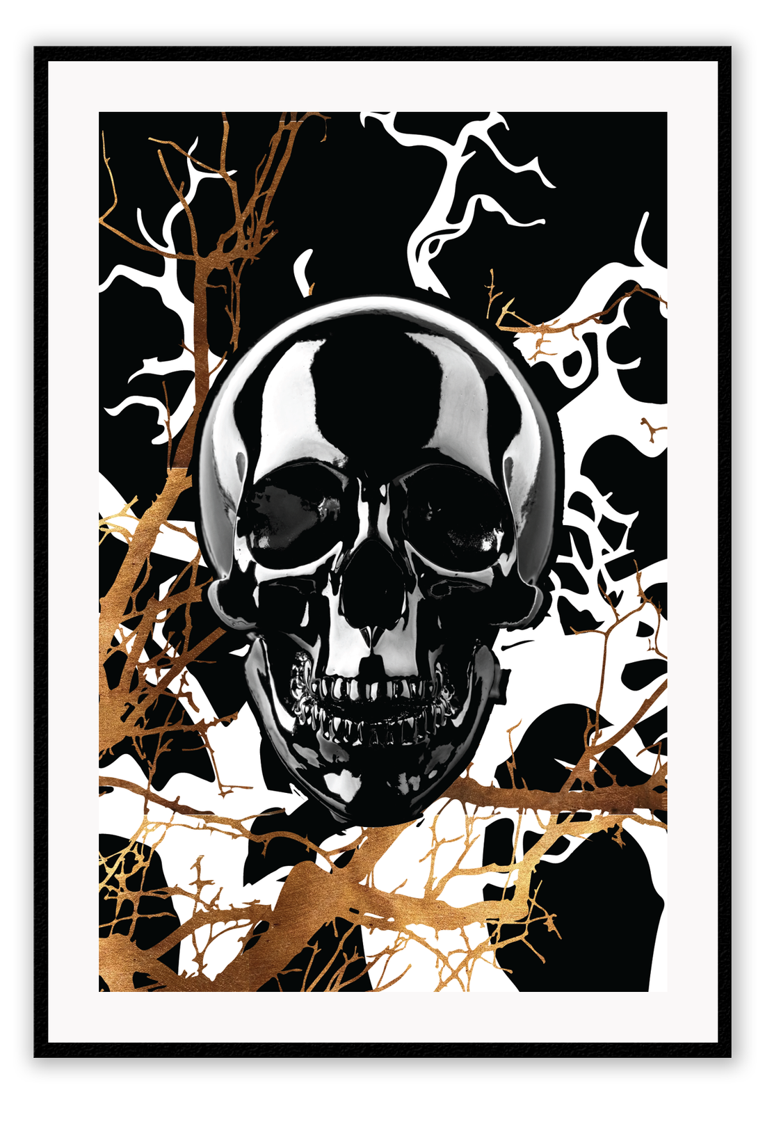 A framed art print featuring a stylized, black skull with gold and black branches in the background, set in a matte black frame.