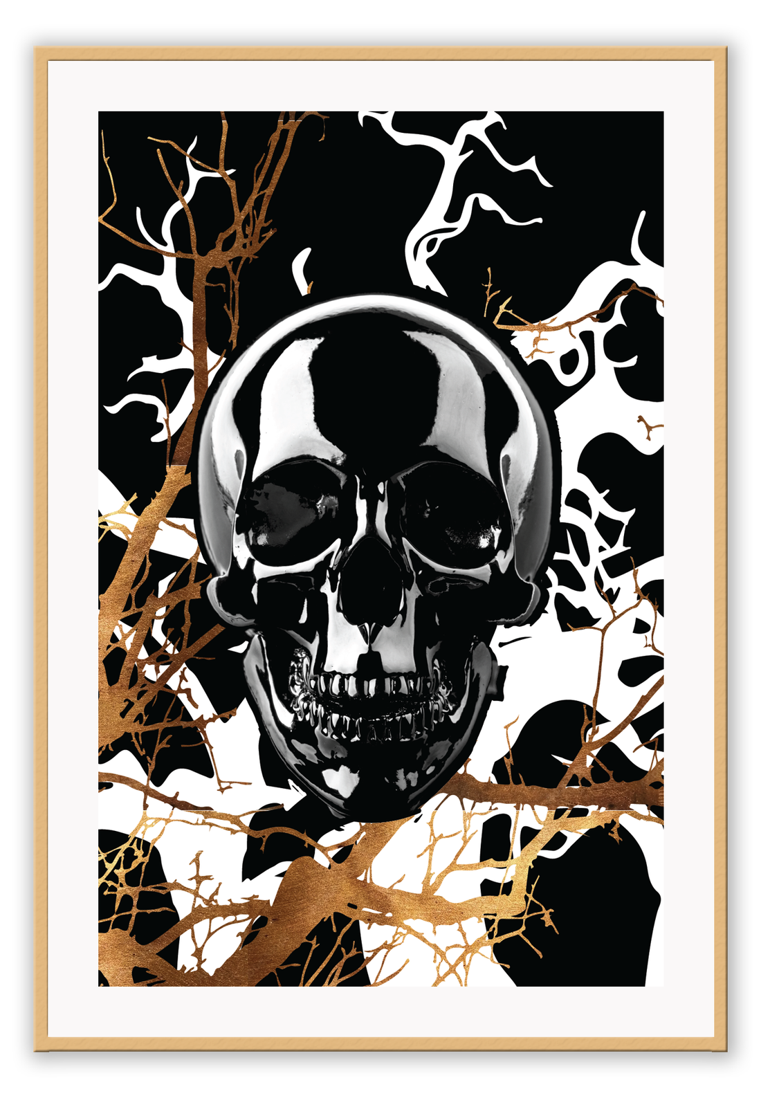 A framed art print featuring a stylized, black skull with gold and black branches in the background, set in a matte black frame.