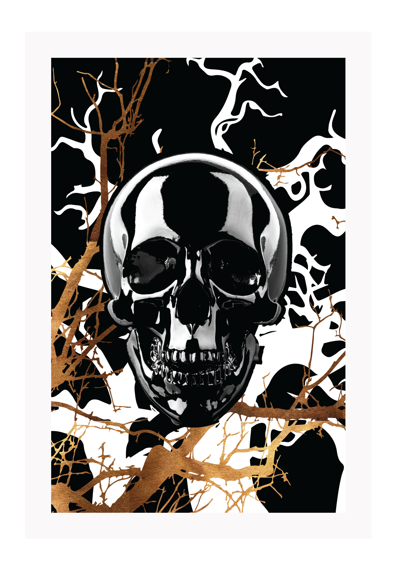 A framed art print featuring a stylized, black skull with gold and black branches in the background, set in a matte black frame.