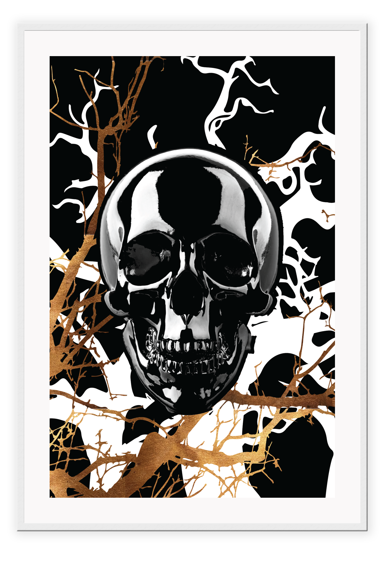 A framed art print featuring a stylized, black skull with gold and black branches in the background, set in a matte black frame.