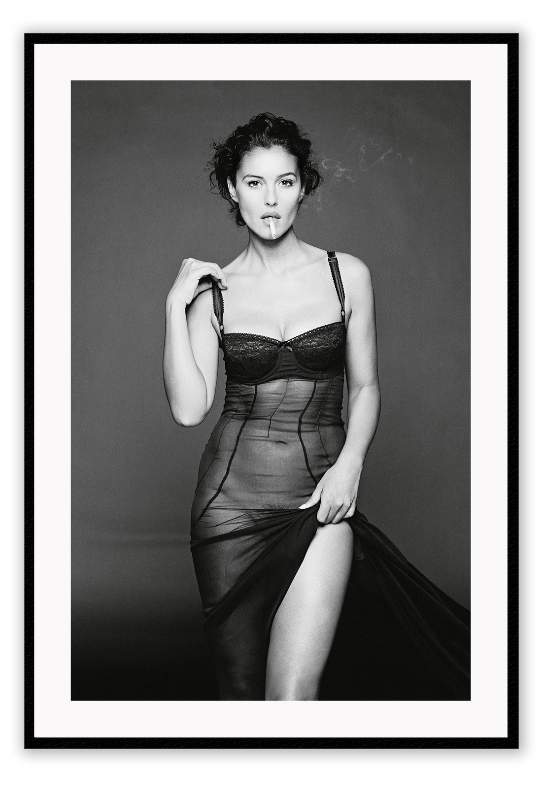 This image features a striking black and white photograph of Monica Bellucci, captured in a portrait orientation. Displayed in a high-quality, custom-made matte wood frame, the print is mounted on perspex glass that enhances its clarity and finish.
