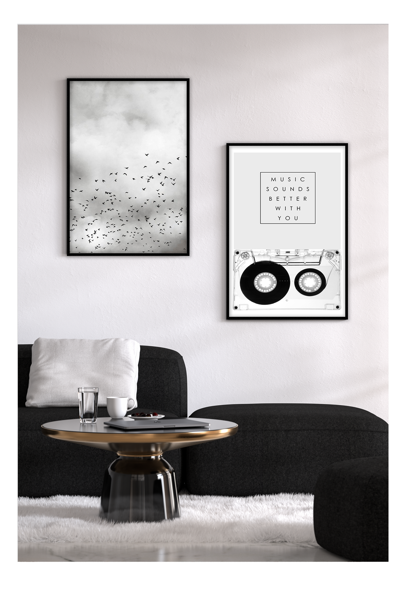 A black and white fashion wall art of 80s 90s fashion music cassette, music sounds better with you.