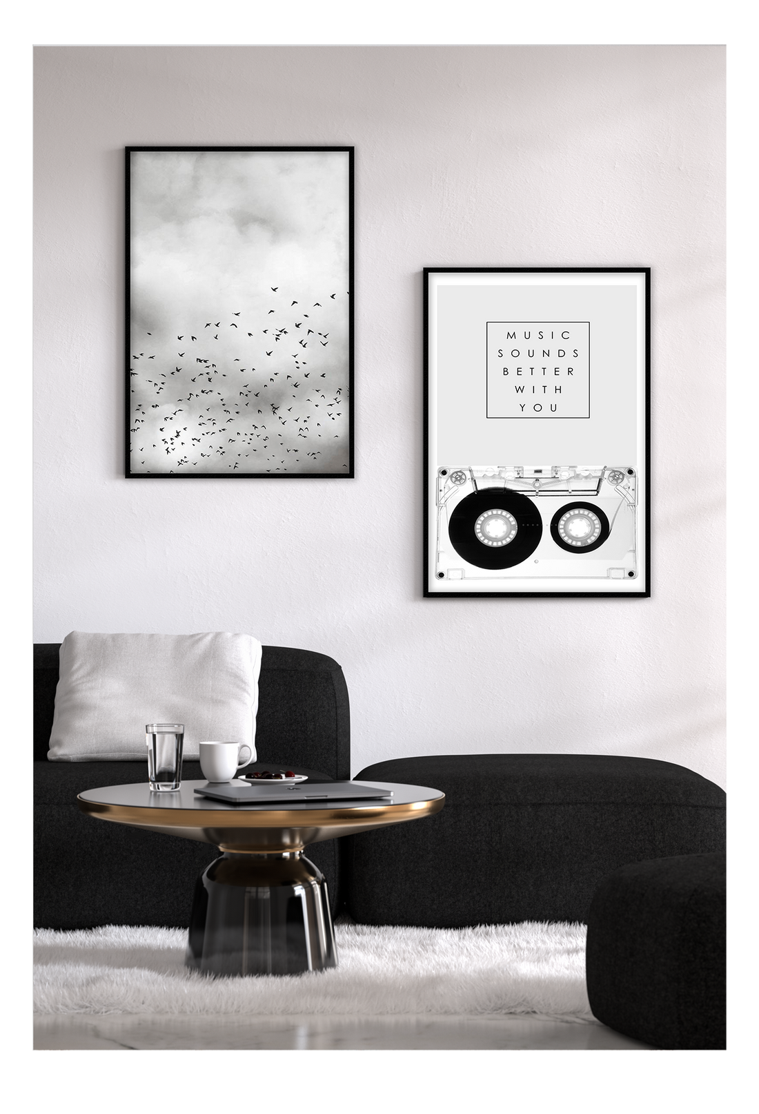 A black and white fashion wall art of 80s 90s fashion music cassette, music sounds better with you.