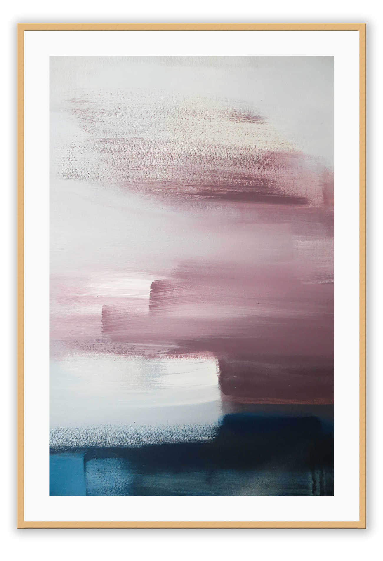 An abstract wall art with white, pink, navy, grey acrylic brushes. 