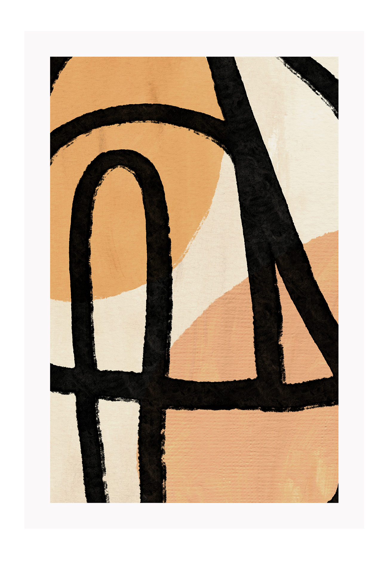 Abstract modern art print portrait landscape with black brushstroke line on top of orange and beige textured shapes.