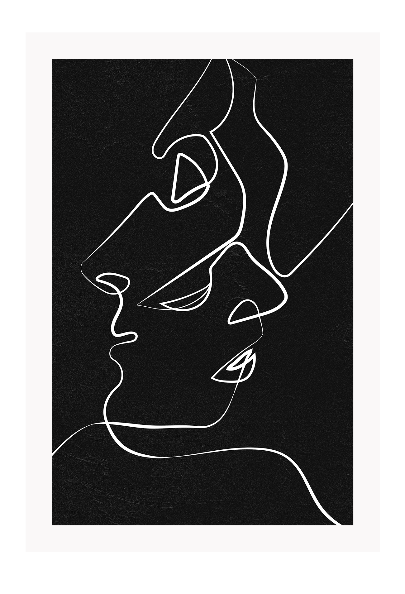 An abstractprint white line drawing of a kissing love scenario on black background