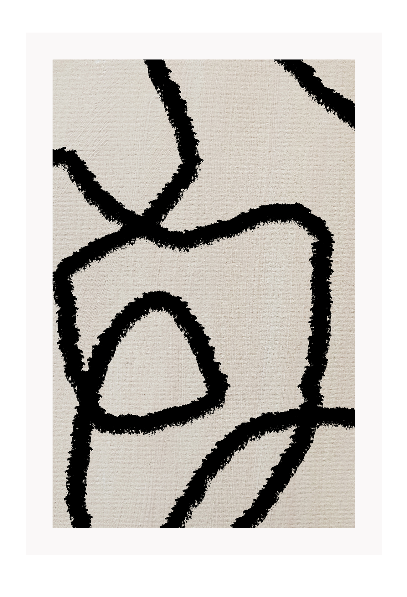 Textured abstract print with four random black squiggly lines on a light grey background.