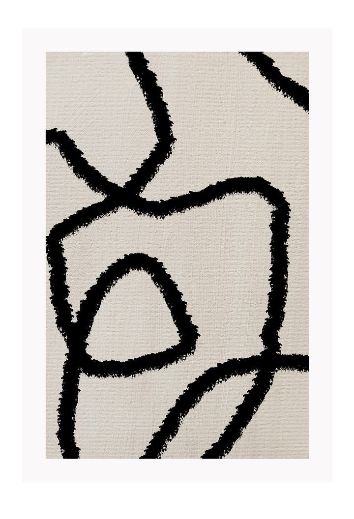 Textured abstract print with four random black squiggly lines on a light grey background.