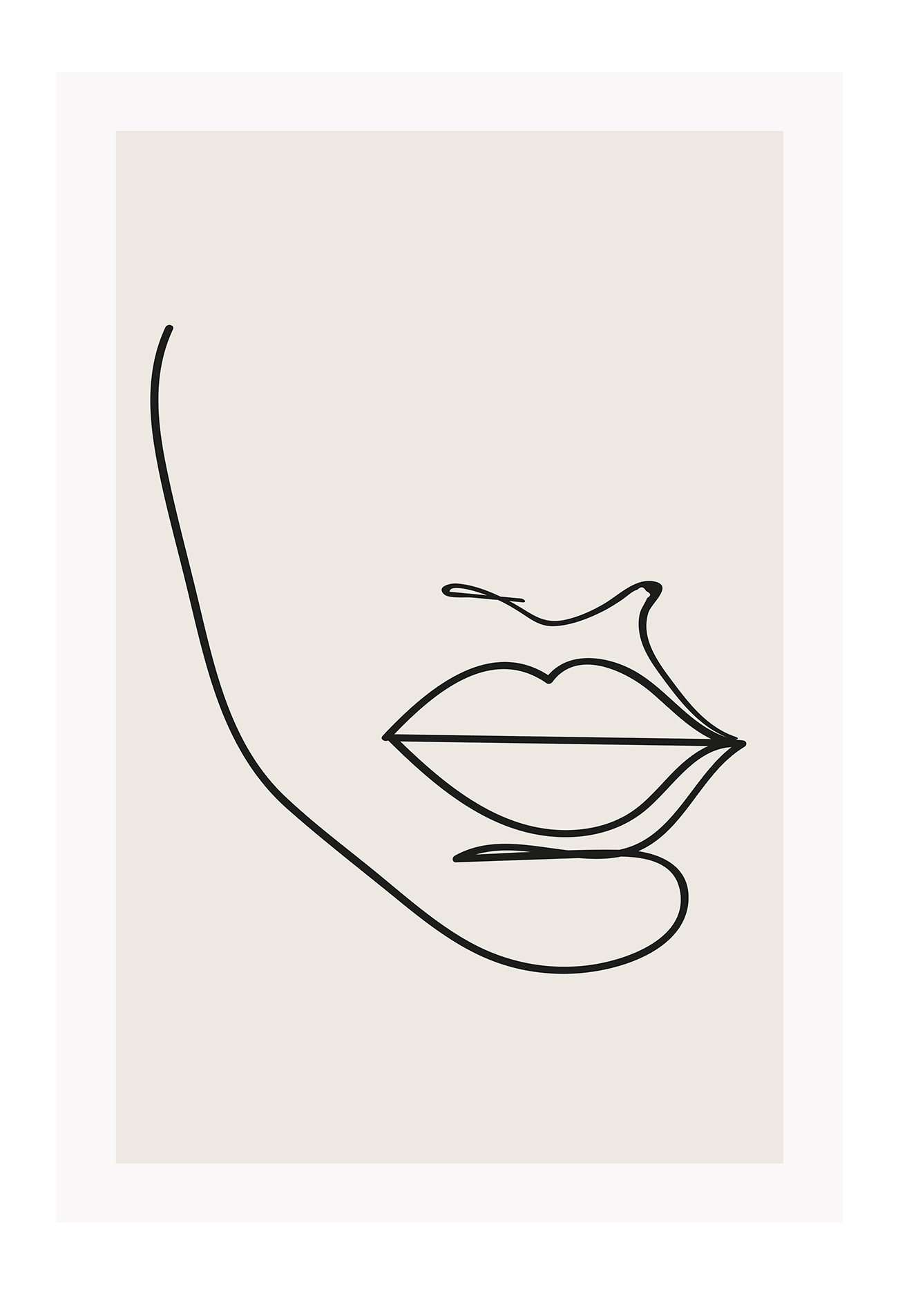 Abstract line art minimal print portrait mouth face black outline on beige background