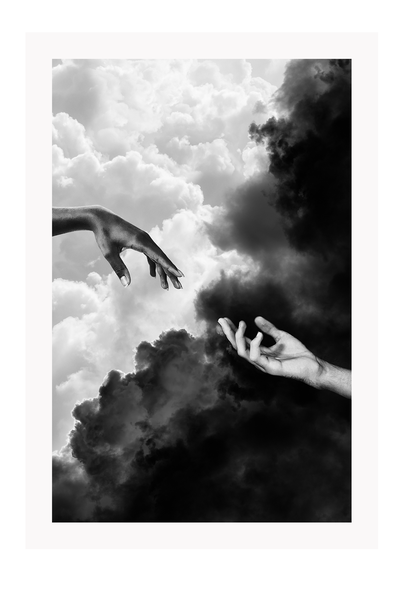 Hands touching in sky clouds, black and white, sistine chapel michaelangelo and the creation of adam 