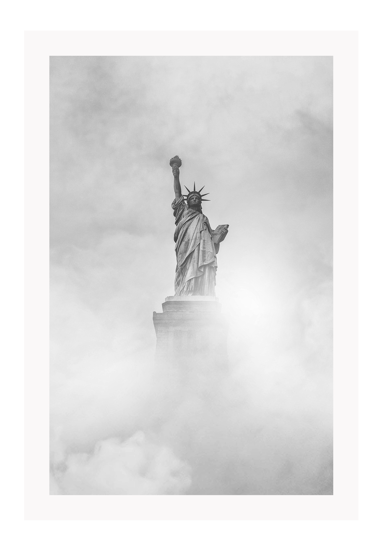 Black and white New York portrait print with statue in clouds foggy moody minimal iconic