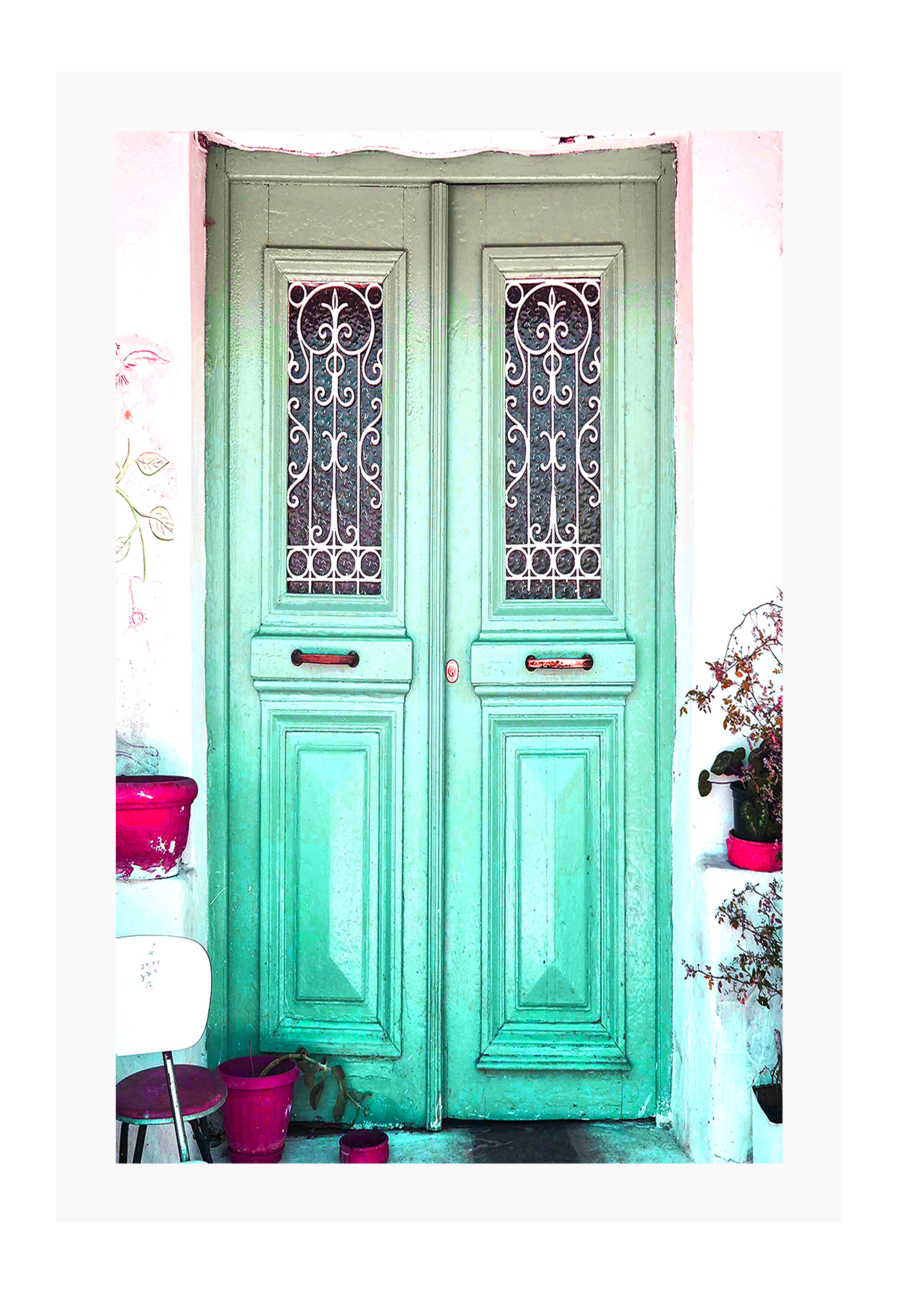 Boho green door vintage distressed framed print art  