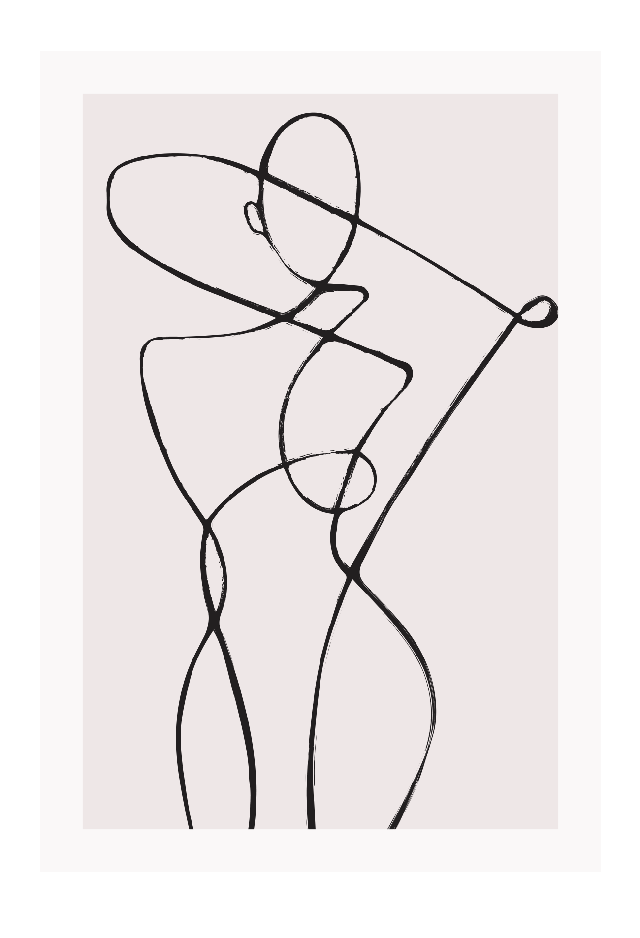 Line art print with black line creating female silhouette on a light pink background  