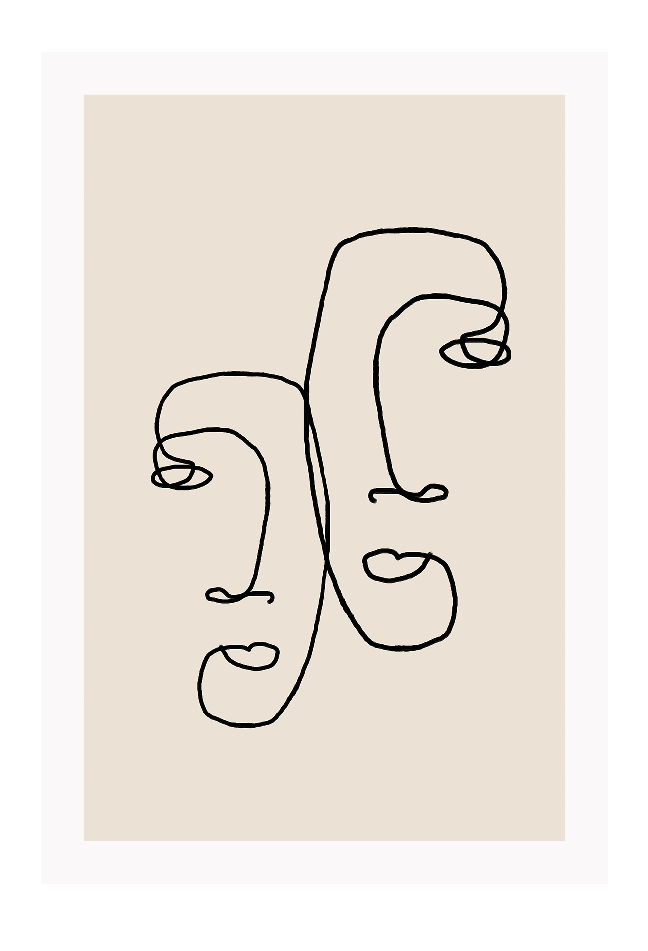 Abstract print line art faces two black line beige background modern simple minimal