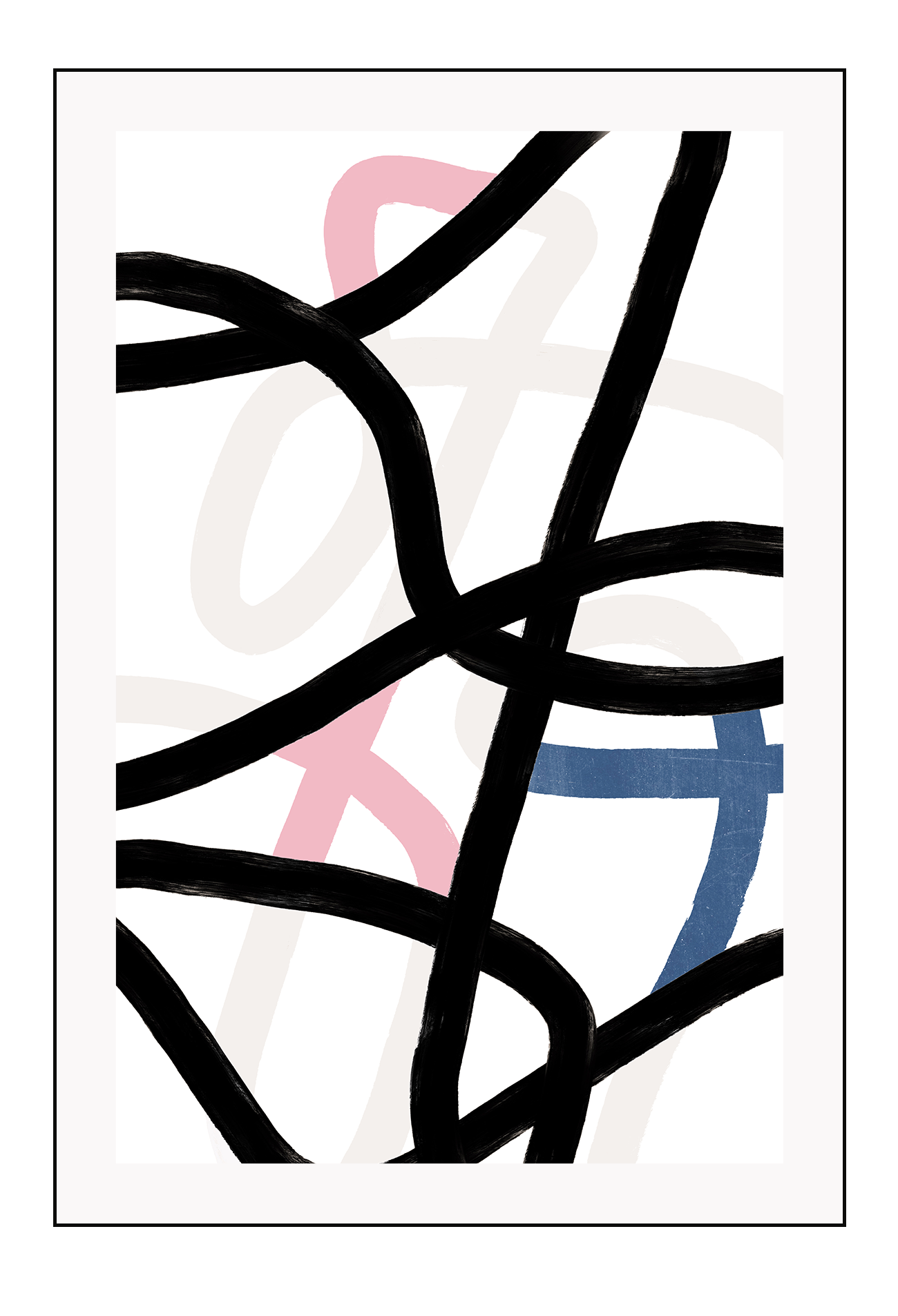 Abstract art print with blush, navy, black and neutral tones with squiggle lines randomly placed 