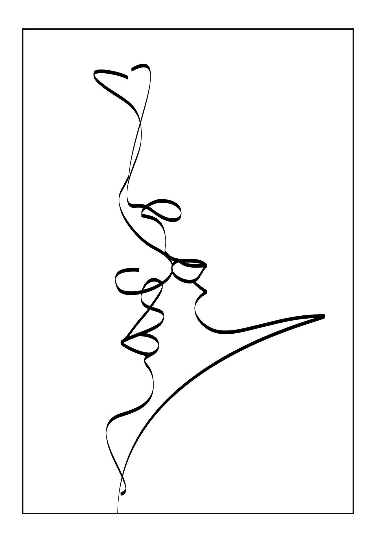 Line art print white background black line illustrating faces close together in enbrace abstract