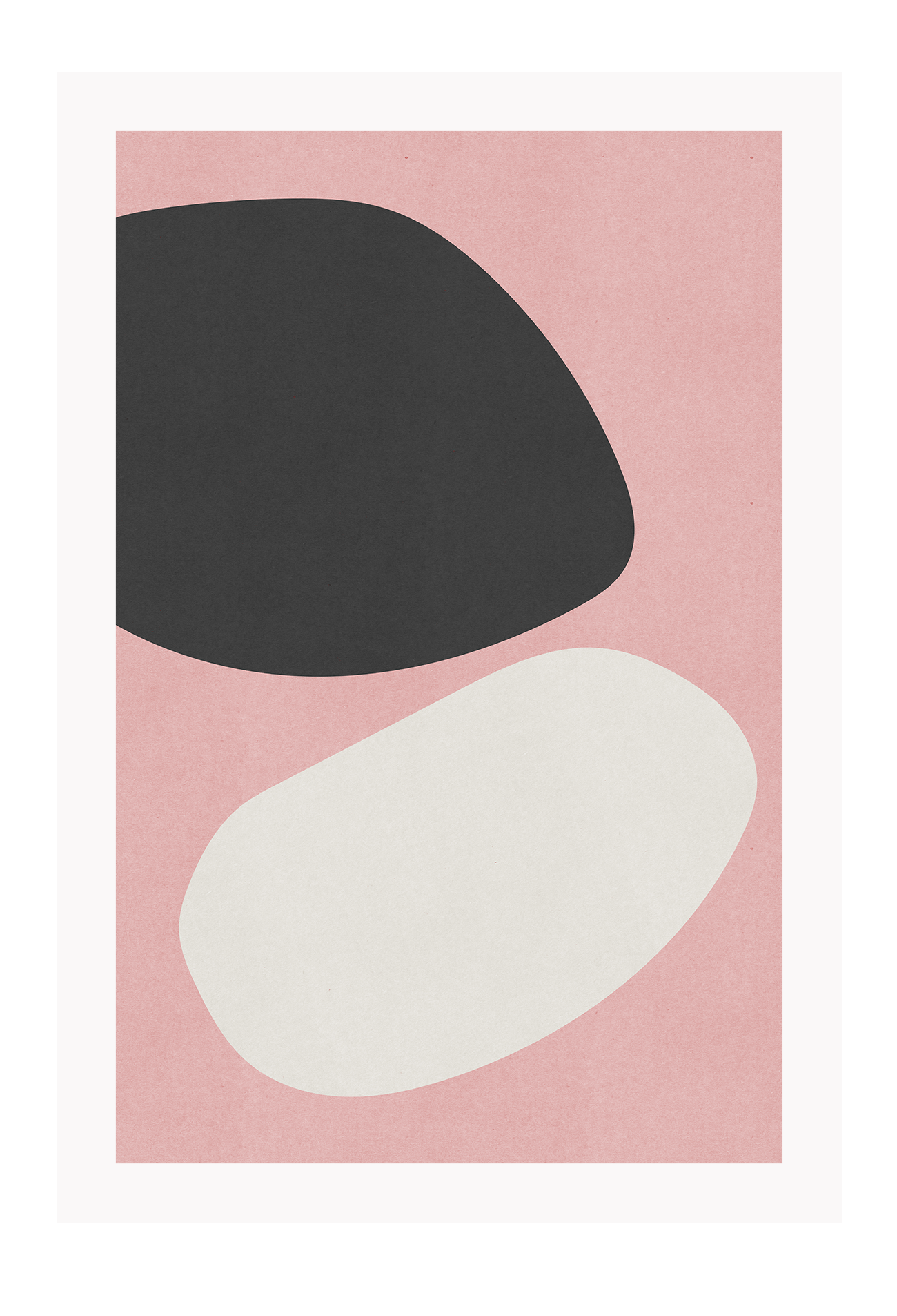 An abstract wall art with black and off-white curvey shapes on dusty pink background. 