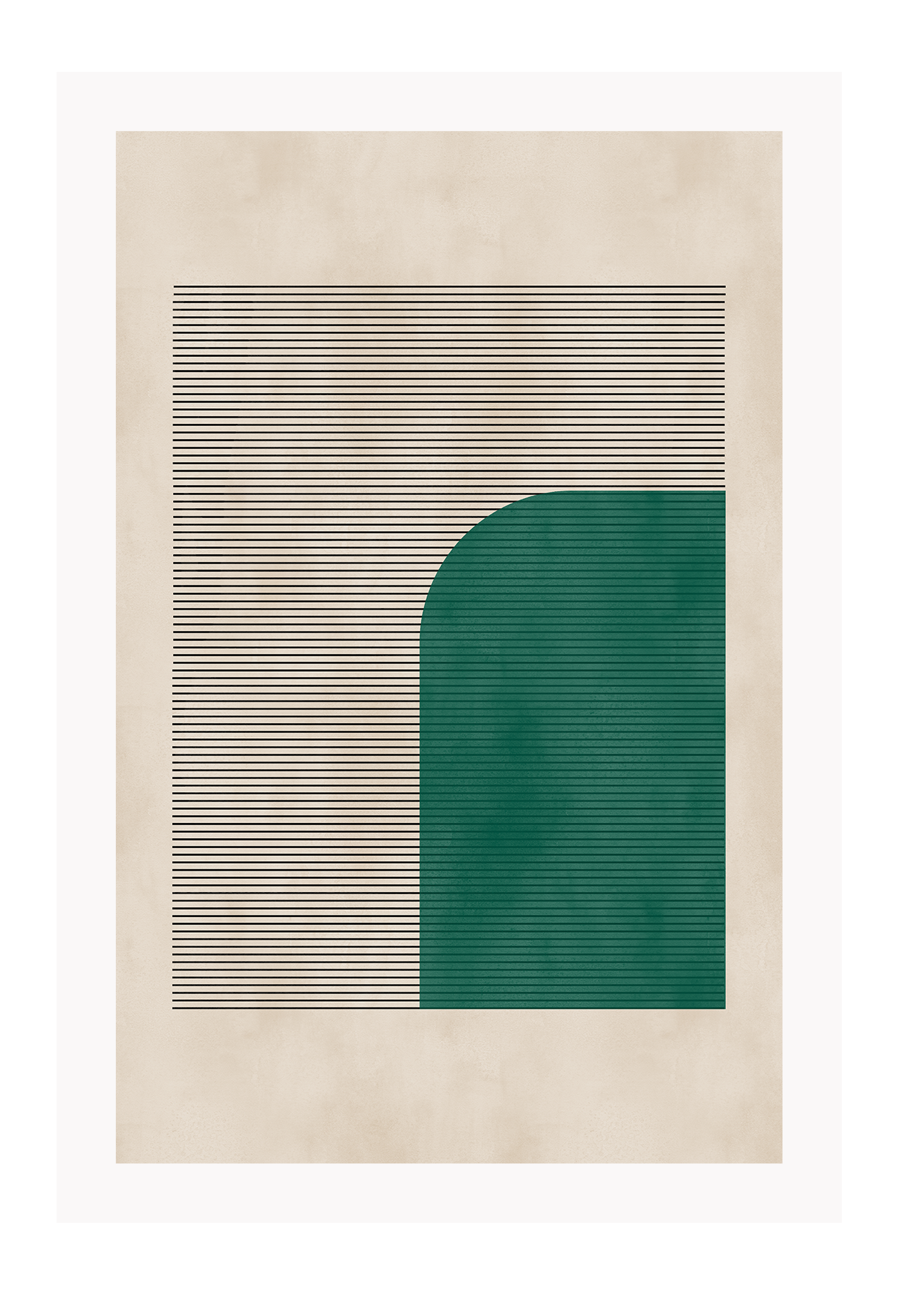 Minimal print with abstract emerald green shape and small horizontal lines on a textured beige background 