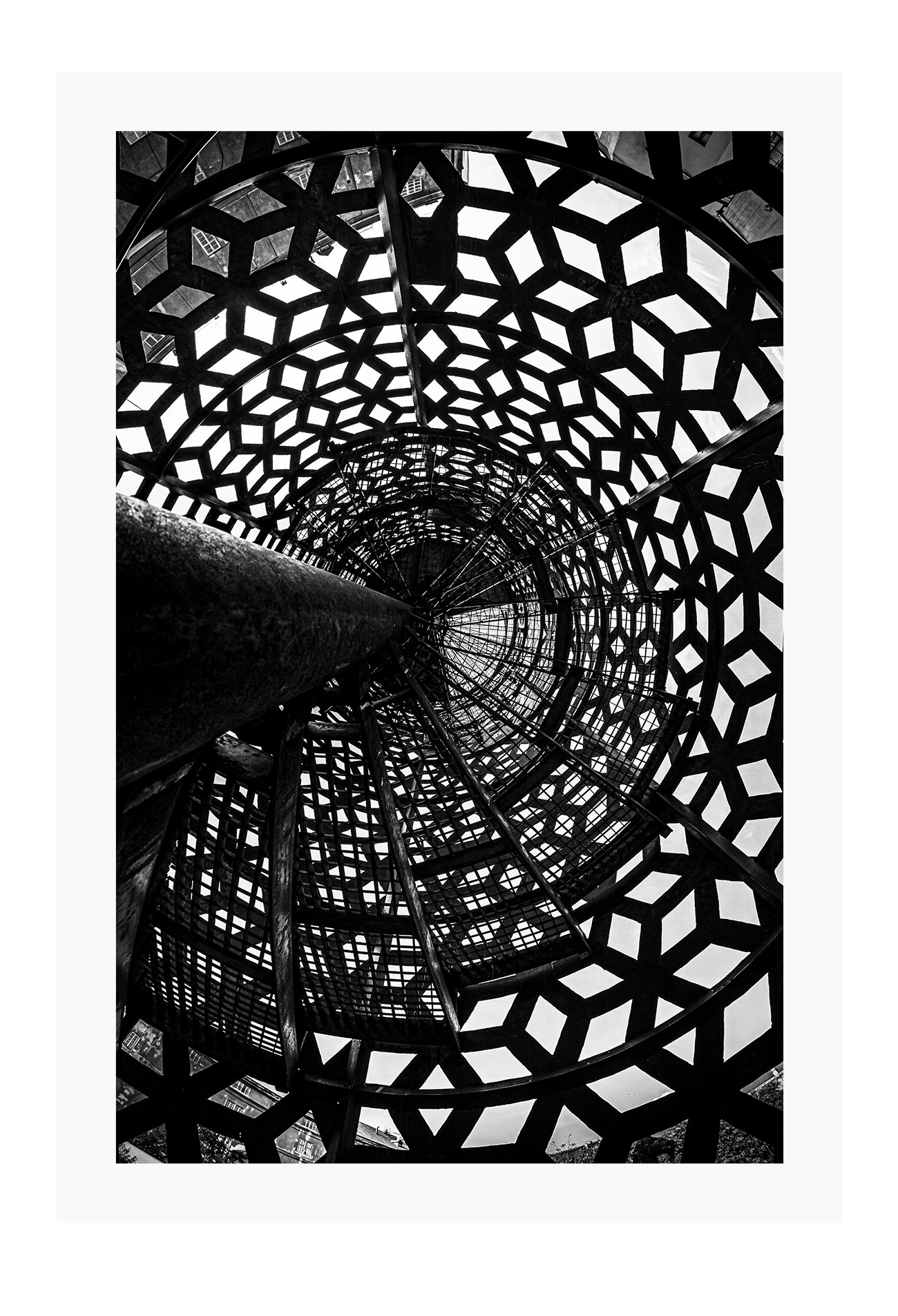 Photography print black and white shadows created by staircase geometric pattern  