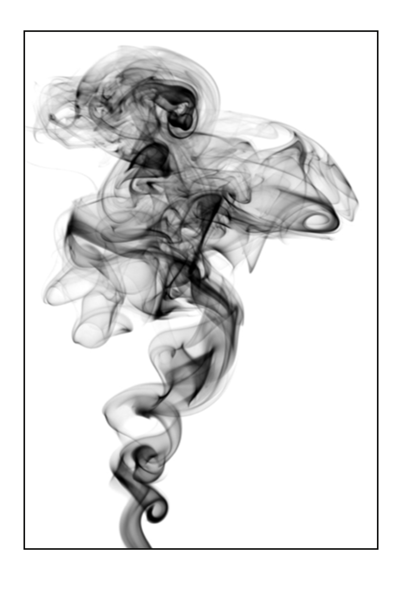 Minimal modern print portrait rising black smoke white background.