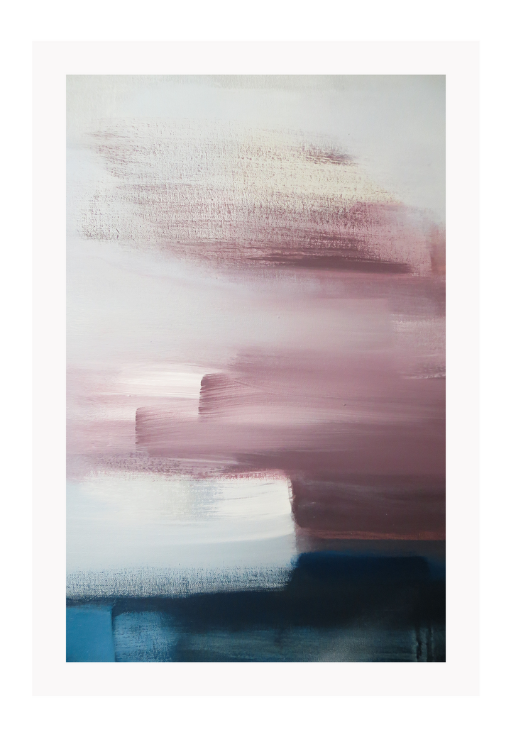 An abstract wall art with white, pink, navy, grey acrylic brushes. 