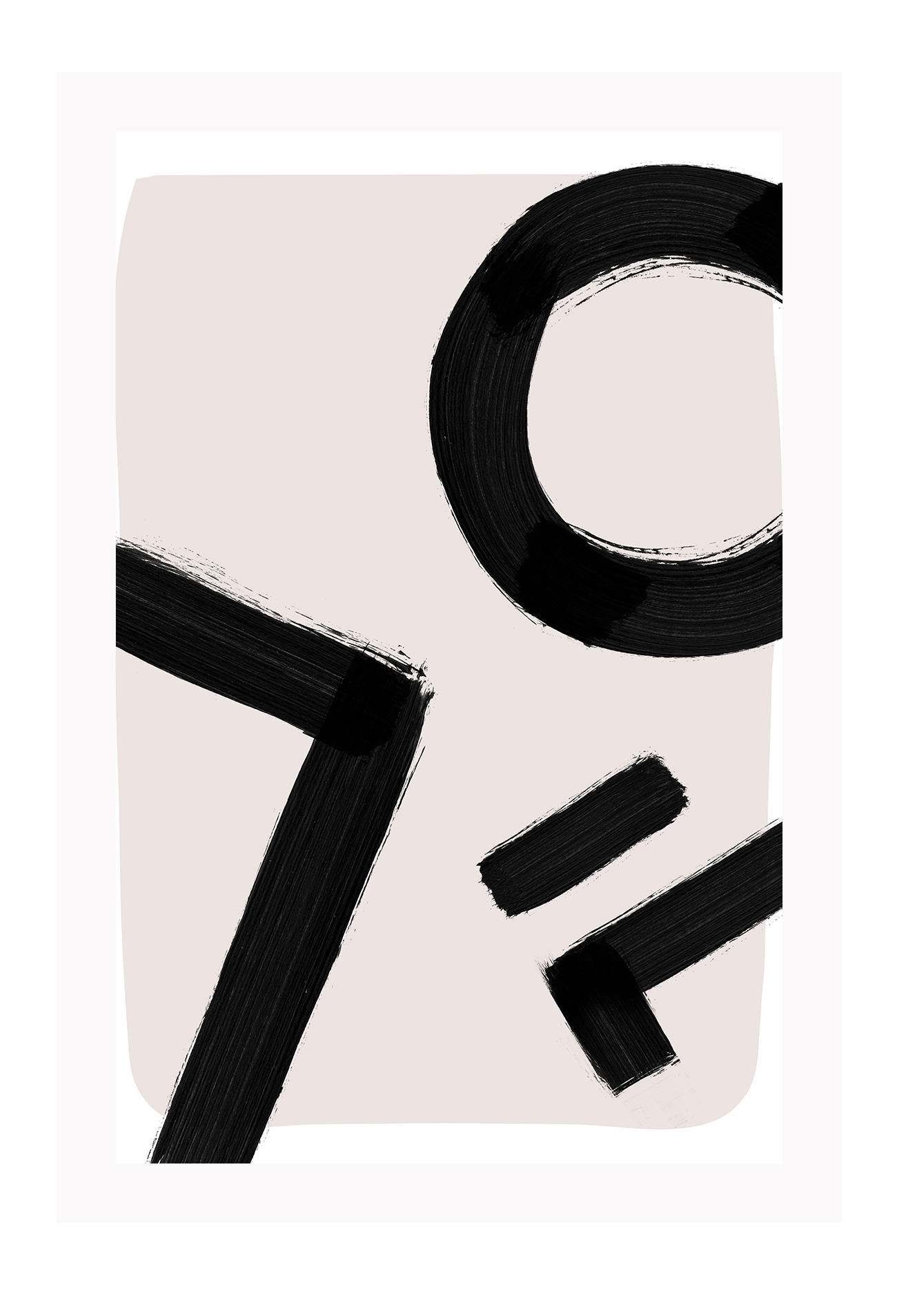 An abstract wall art with black ink brush lines on pink and white background.