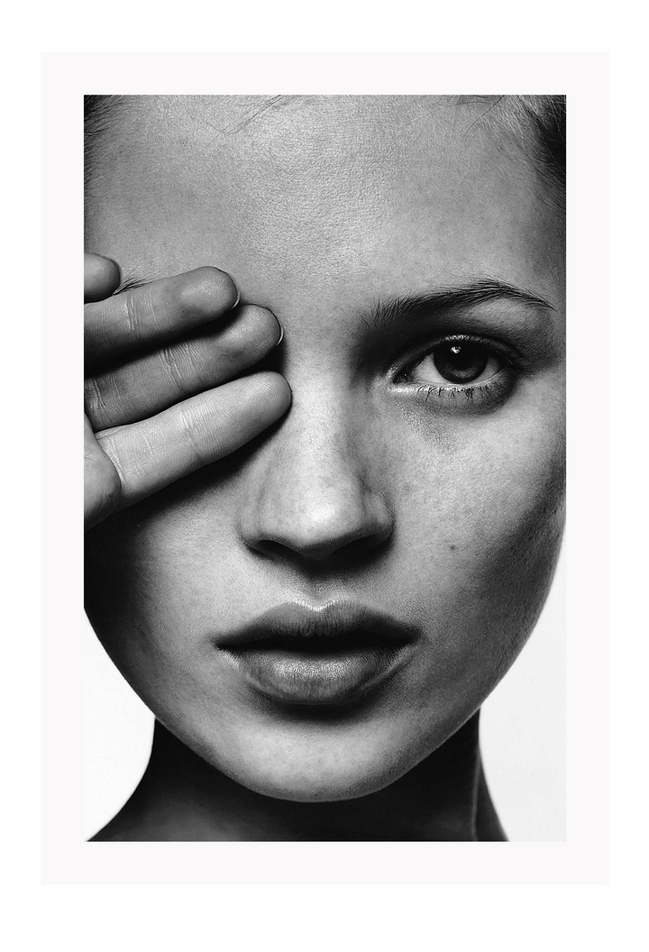 An iconic fashion wall art with 90s English model Kate Moss in black and white.