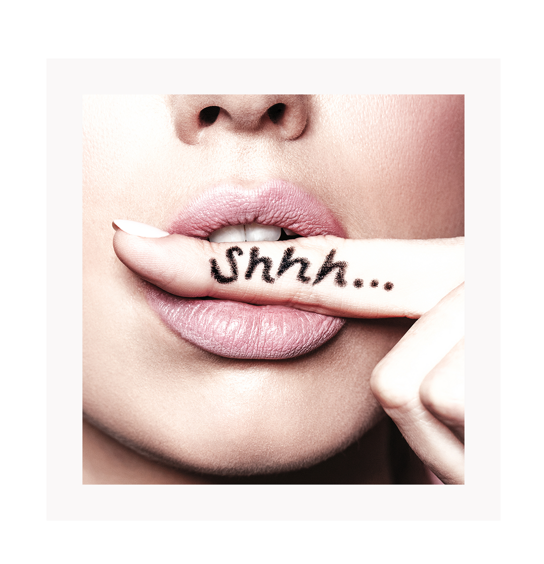 A fashion wall art with a sexy woman biting her finger saying shhh be quiet. 