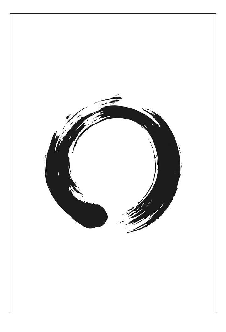 A simple, abstract wall art with a single black infinity ink ring on white background. 