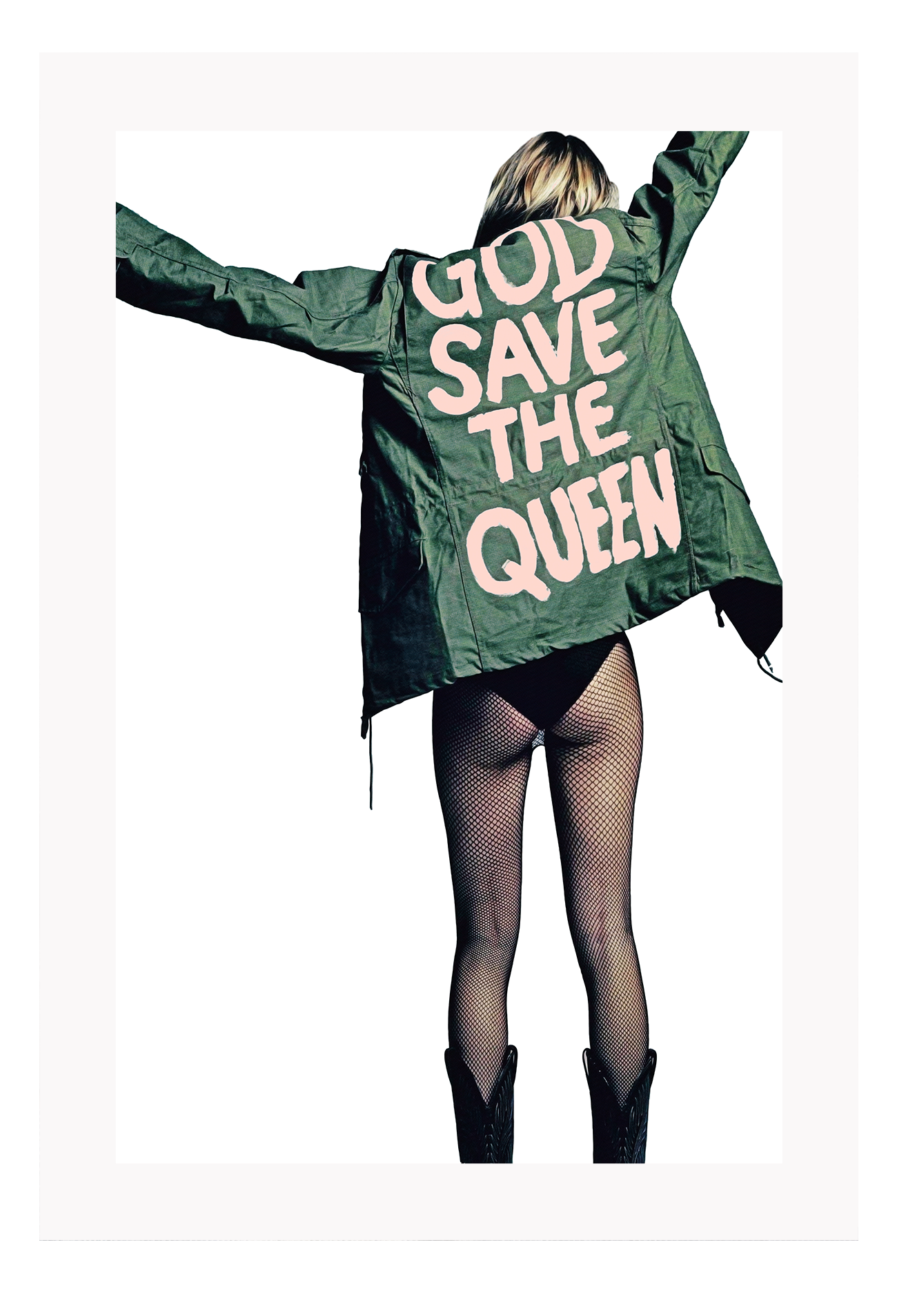 A fashion wall art with the back of a sexy lady, half nude in translucent leggings, black boots, and a green jacket with pink writing God save the queen.