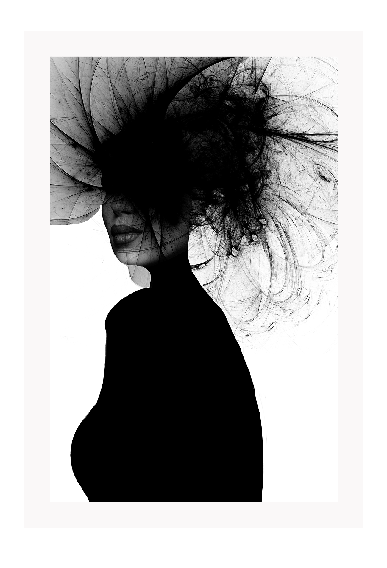 A black and white fashion wall art of a lady with tulle headpiece in all black silhouette on a white background