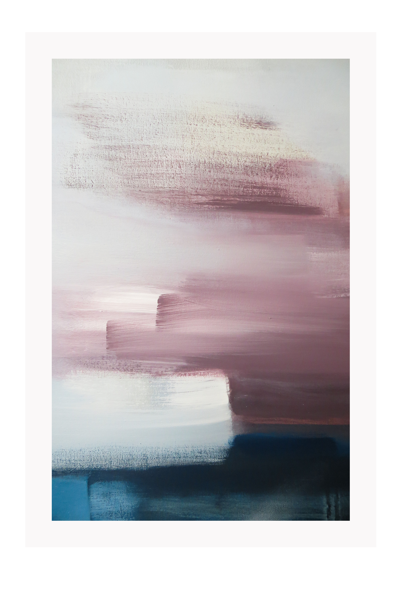 An abstract wall art with white, pink, navy, grey acrylic brushes. 