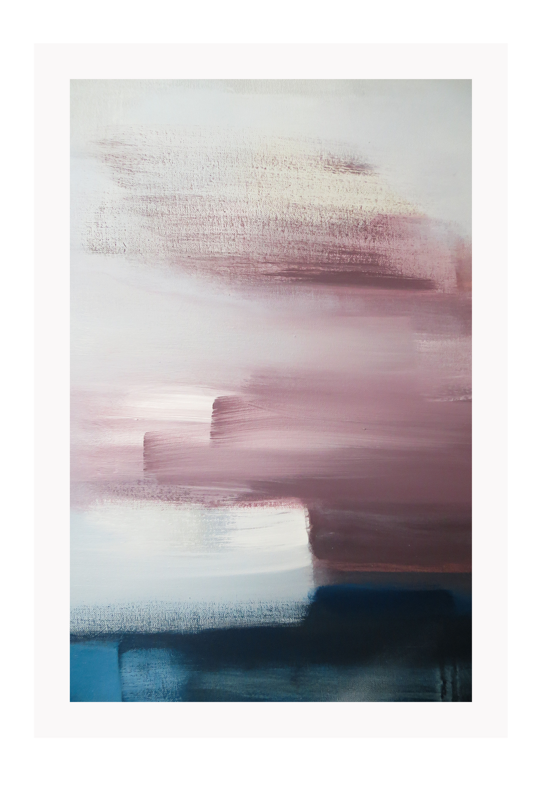 An abstract wall art with white, pink, navy, grey acrylic brushes. 