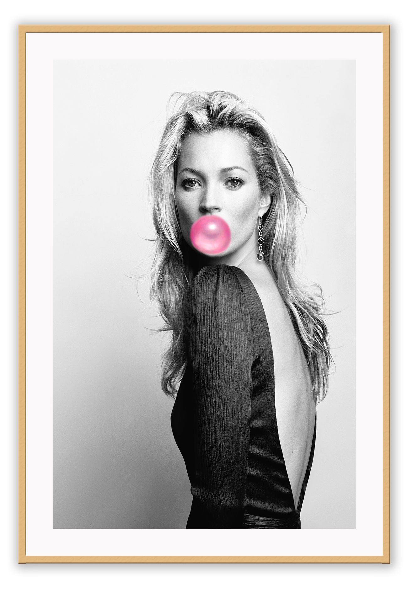 An iconic fashion wall art with 90s English model Kate Moss and pink bubble gum.