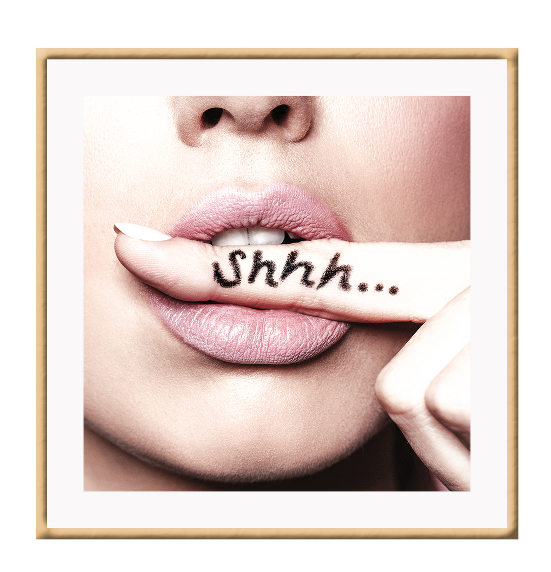 A fashion wall art with a sexy woman biting her finger saying shhh be quiet. 