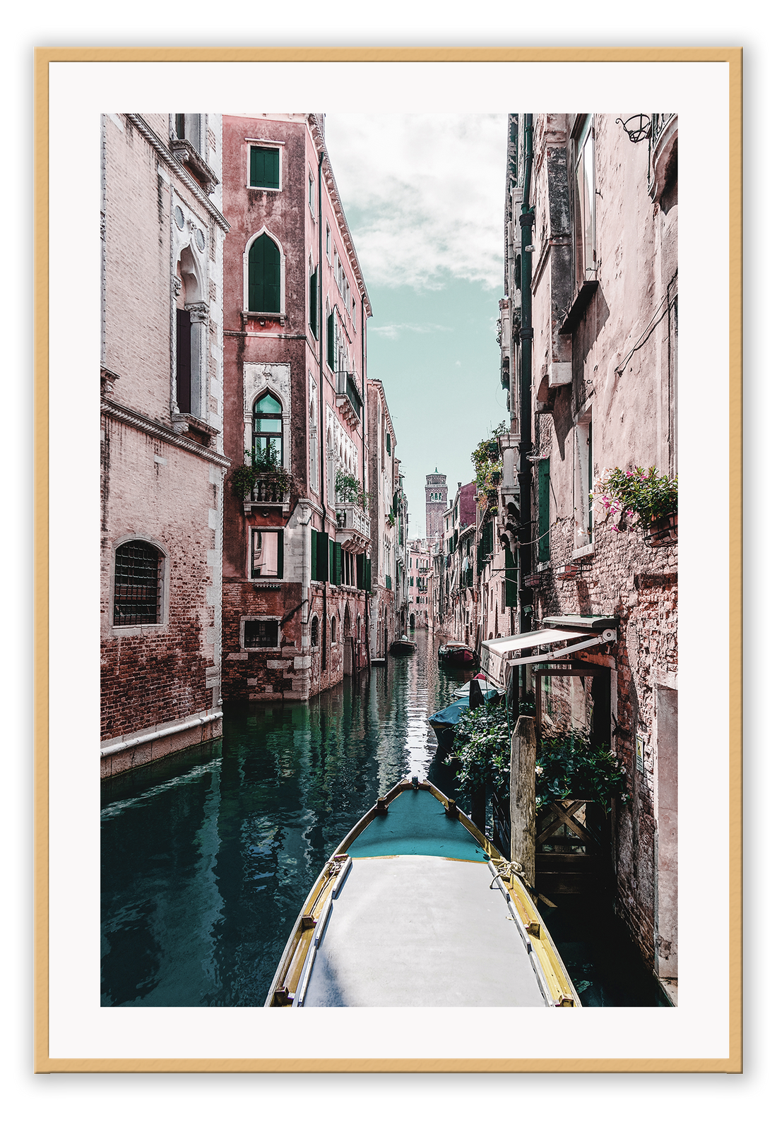Boat travelling canal in italy blue and pink tones clouds in the sky portrait print 