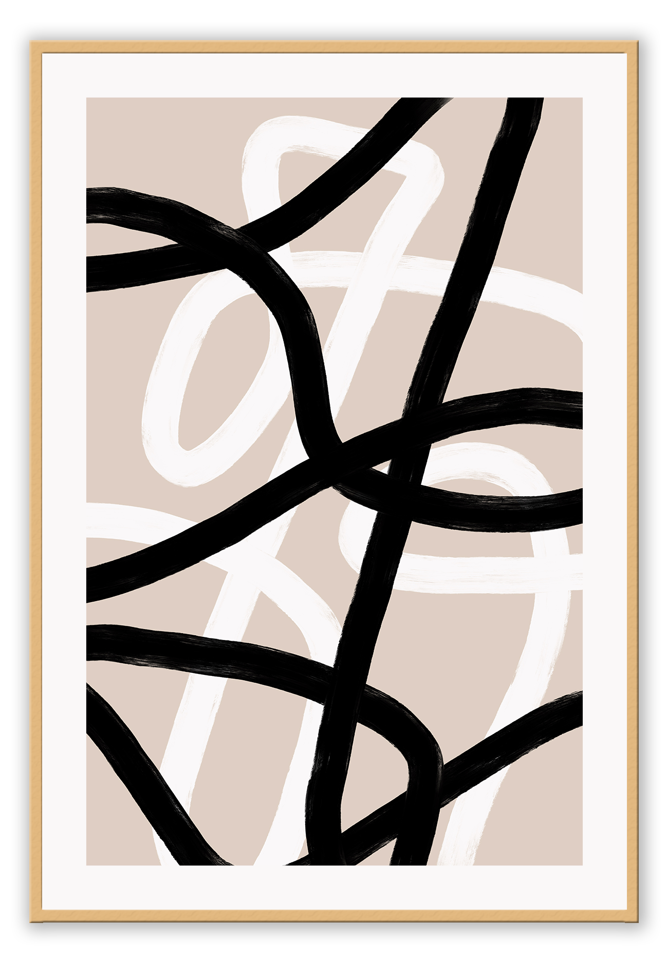 An abstract minimal wall art with black and white stripes lines on pink background