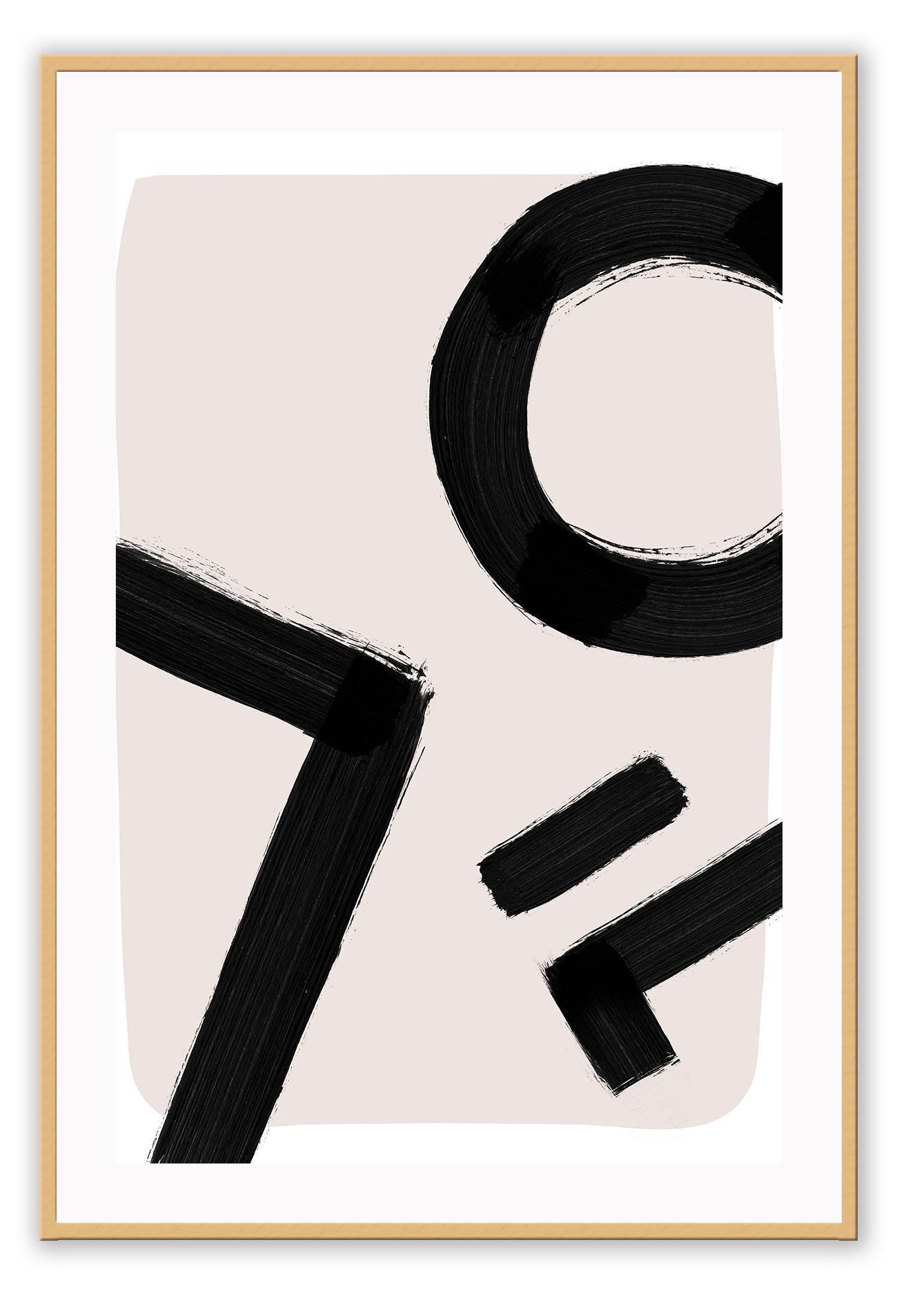 An abstract wall art with black ink brush lines on pink and white background.