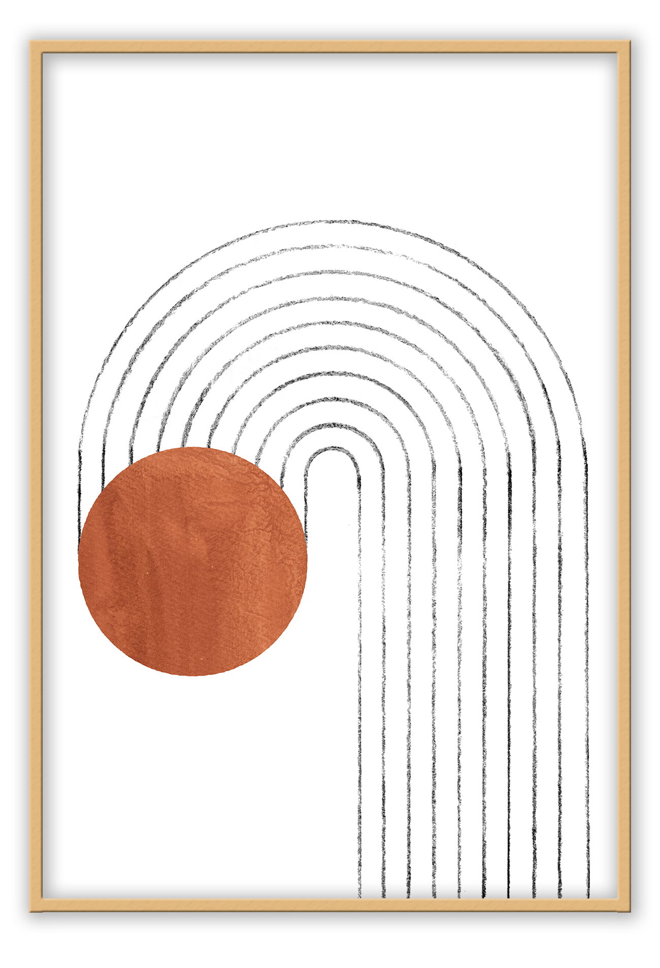Scandi modern style print portrait landscape grey lines arch rust circle water textured white background.