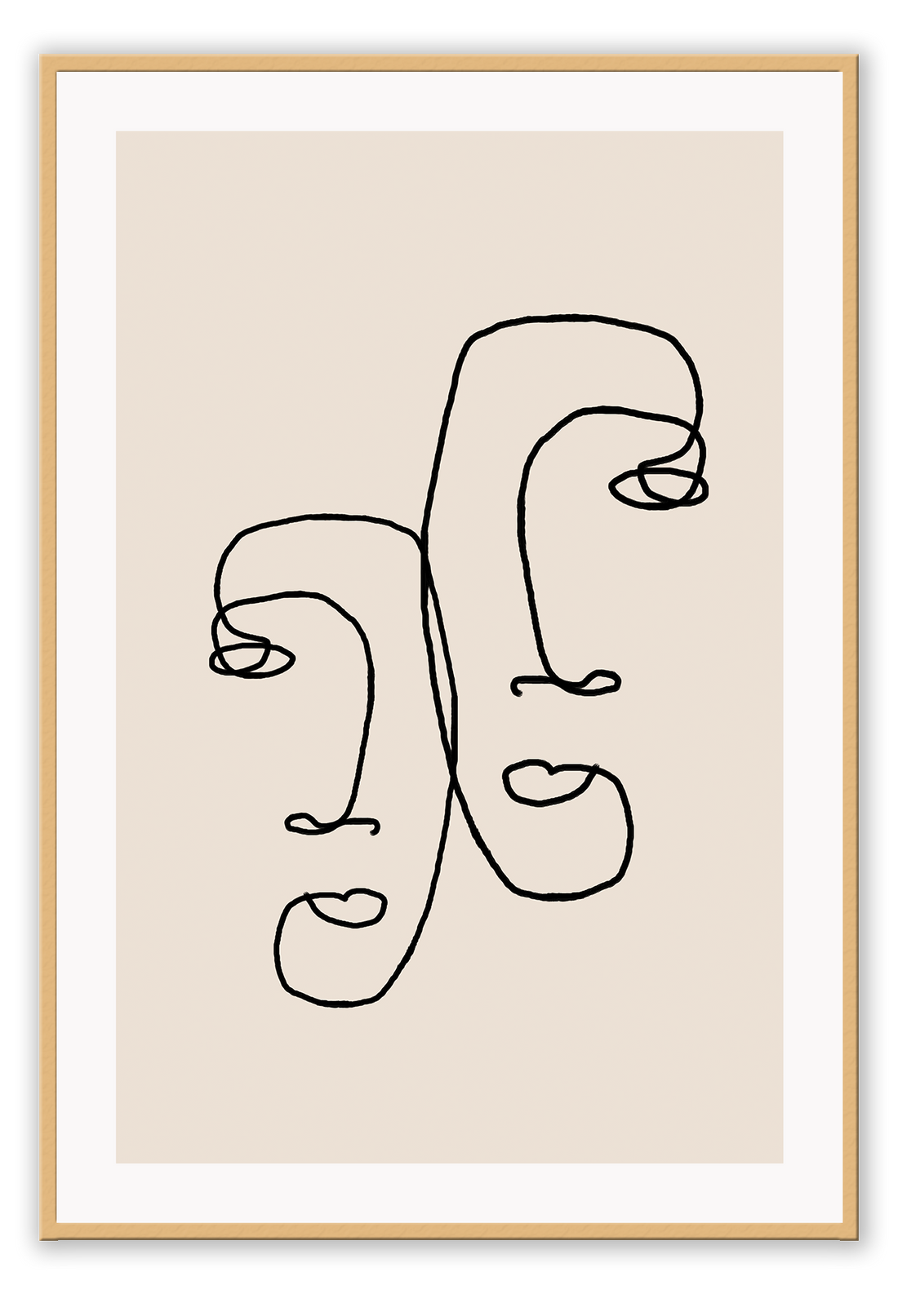 Abstract print line art faces two black line beige background modern simple minimal