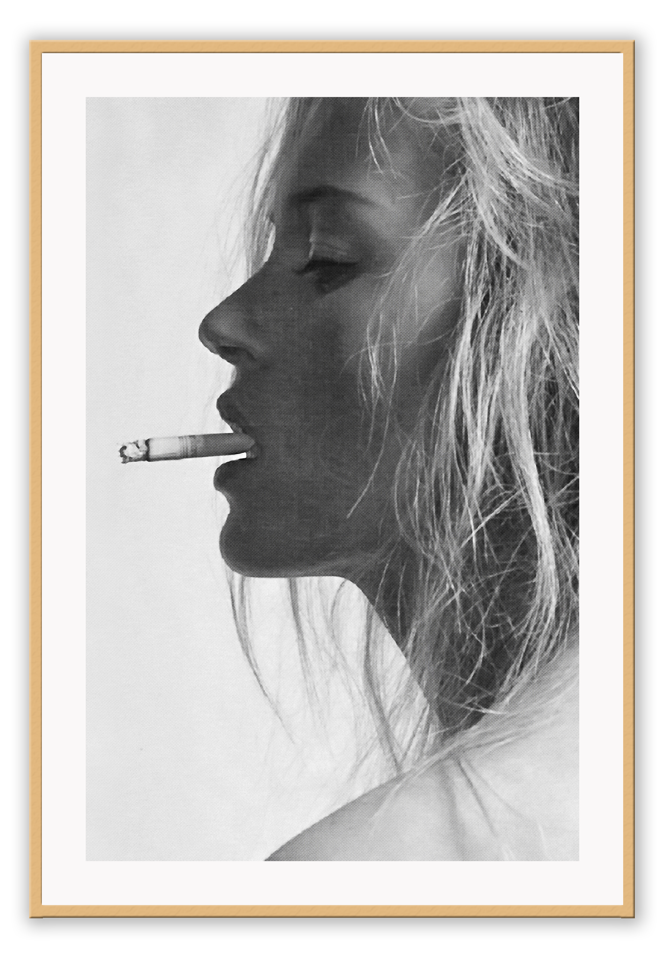 A black and white fashion  photographic wall art with iconic 90s model Kate Moss smoking cigarette.