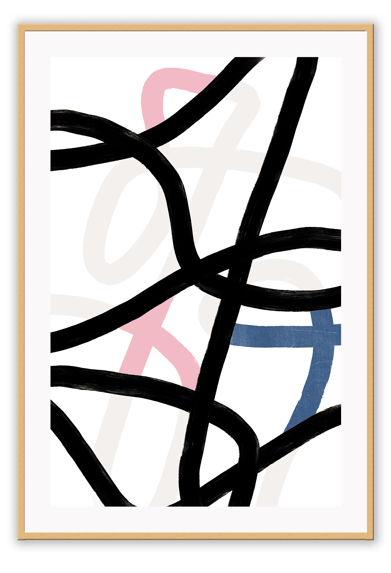 Abstract art print with blush, navy, black and neutral tones with squiggle lines randomly placed 