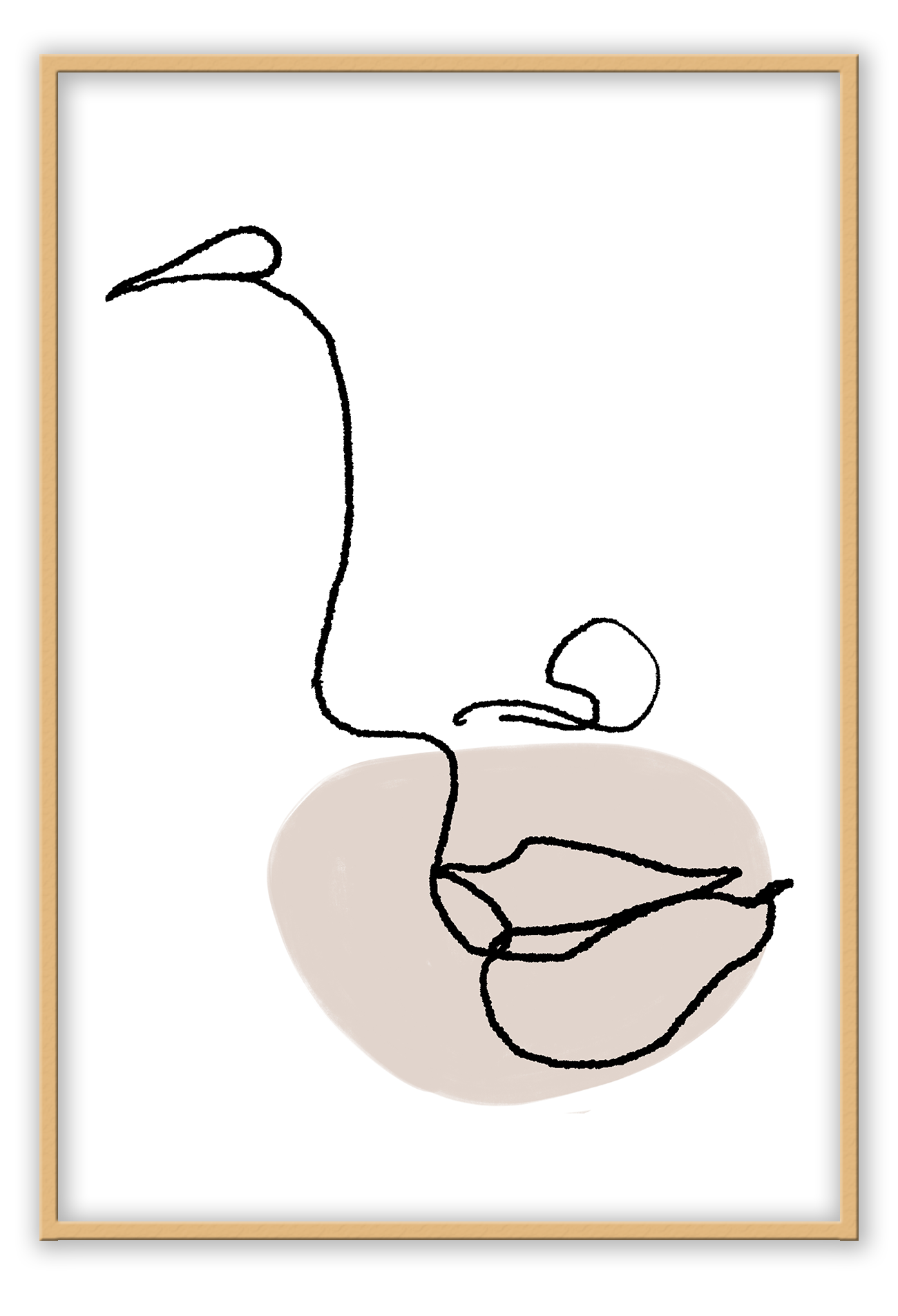 Line art abstract modern profile face white background with black outline and nude circle around lips