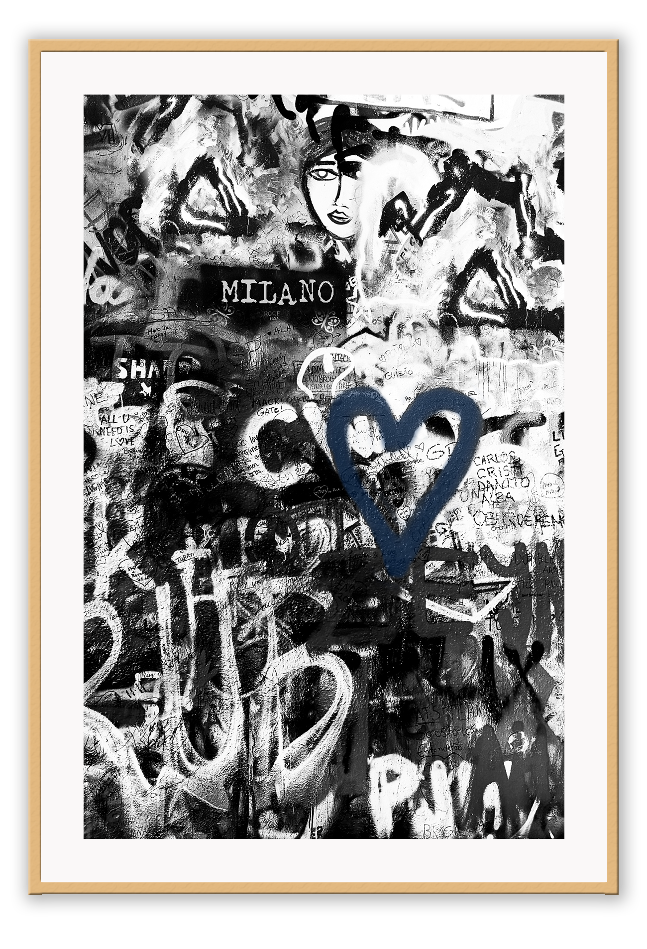 Black and white typography graffiti print art with hint of blue dark moody urban 