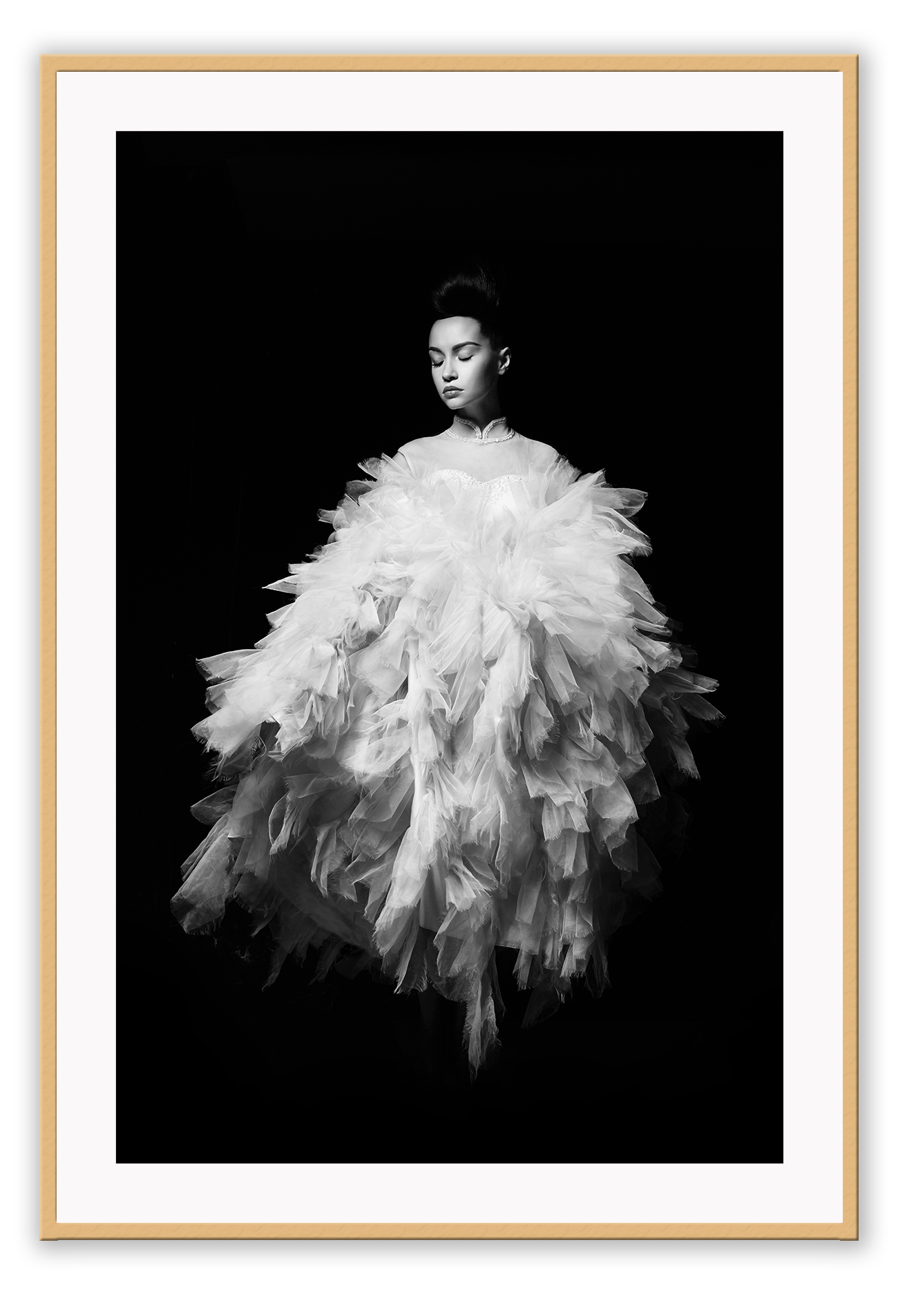 Fashion print with woman in white dress floating on a black background  