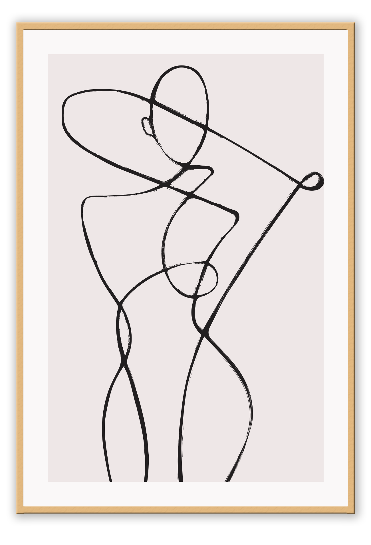 Line art print with black line creating female silhouette on a light pink background  