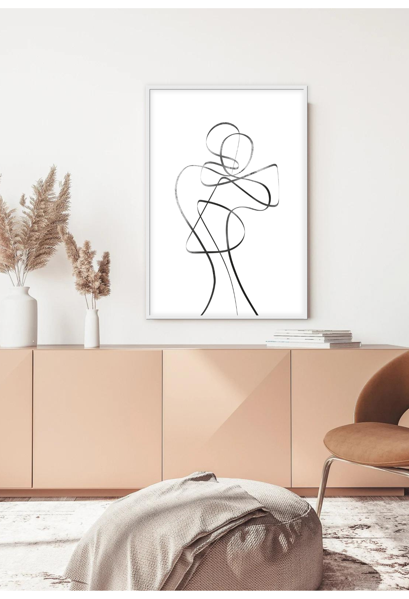 Line art minimal scandi portrait print outline shape woman black line on white background.