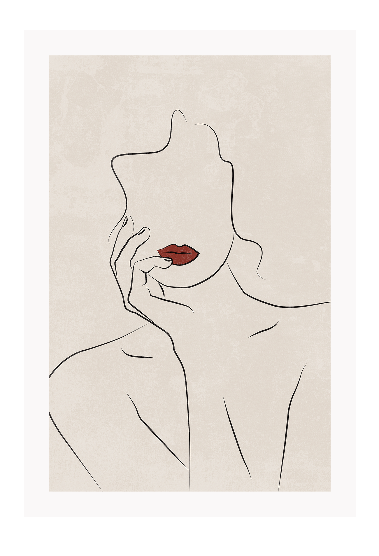 Portrait line art print woman outline black nude red lips beige textured background