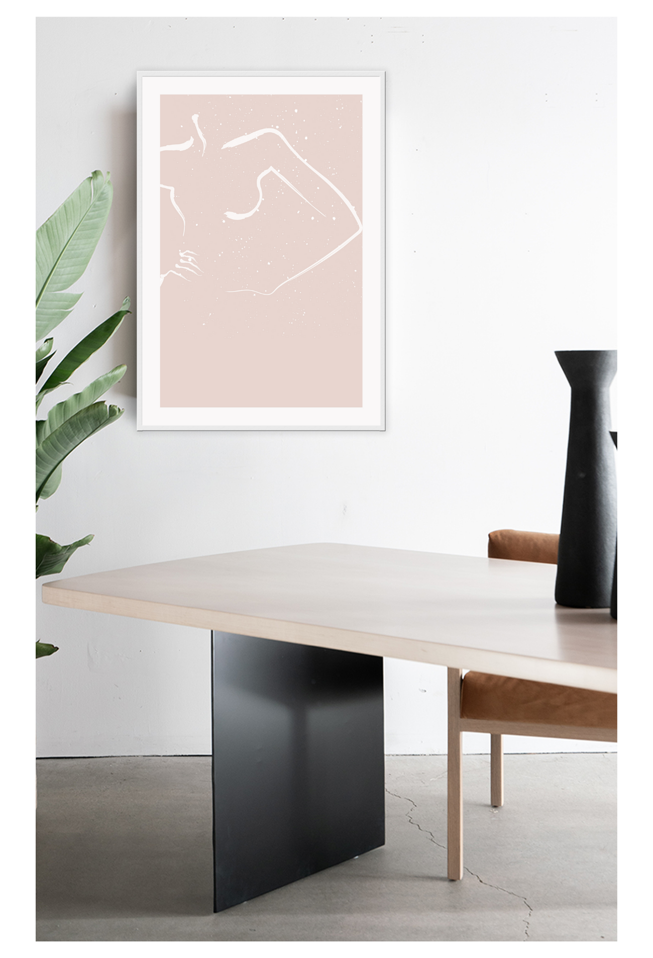 Abstract line art minimal pink background print sexy woman outline in white with white spotting